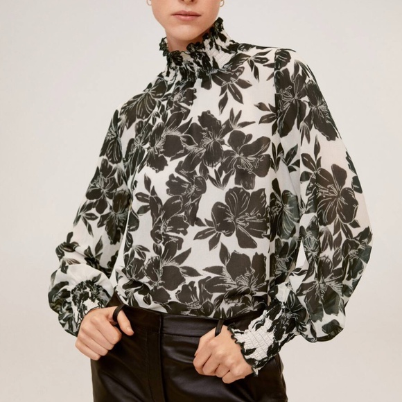 Mango Tops - Black & ecru (off-white) floral printed smocked neck and cuff blouse